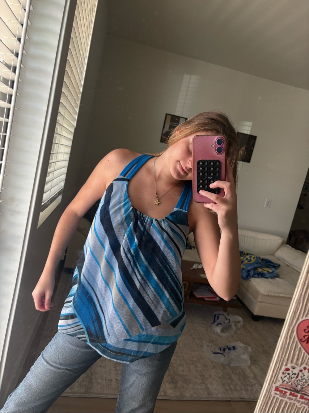 New York & Company Blue Multi-Stripe Halter Camisole